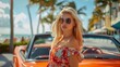 © Антон Сальников - The fashion portrait shows a beautiful woman wearing sunglasses in summer, palm trees, and an 80s car in the background.