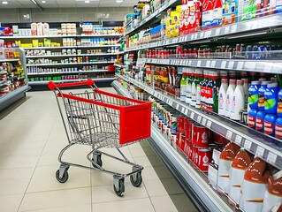 Wall Mural - Clean, organized supermarket aisle featuring a red shopping cart parked at an angle, with well-stocked shelves of diverse products, creating a vibrant and inviting atmosphere.