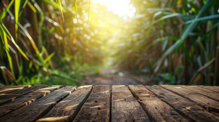 Poster - The empty wooden brown tabletop with a blurry background of sugarcane plantations is a great image for montaging or displaying products.