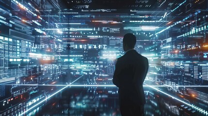 To stay competitive, a businessman collaborates with AI algorithms, fostering innovation in a high-tech environment