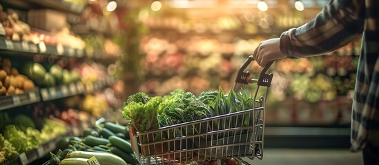 Wall Mural - Close-up of a hand holding a shopping cart in a grocery store, surrounded by a soft-focus array of organic produce on well-lit shelves, creating a vibrant, fresh atmosphere.