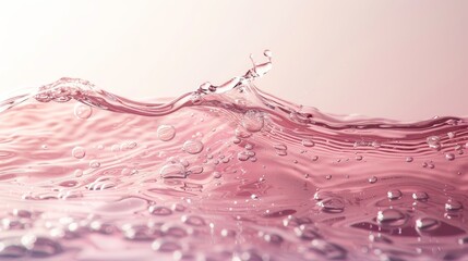 An abstract summer banner background with pink transparent clear water surface textures with ripples, splashes and bubbles in sunlight. A cosmetics moisturizer micellar toner emulsion background.