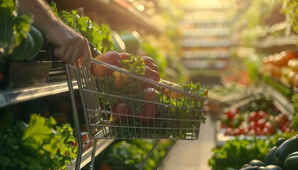 Wall Mural - Hand holding a grocery cart, with a background of shelves lined with fresh, organic produce, captured in a defocused, light-filled supermarket environment.