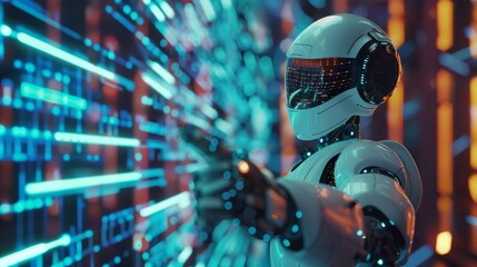 Digital world with android robot pointing finger, computer technology, AI chatbot, futuristic future stock automated. Knowledge of computer programming.