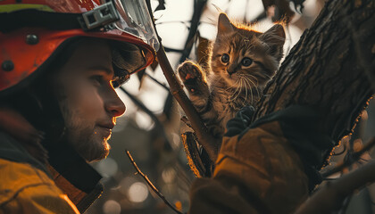 Wall Mural - A firefighter is holding a kitten in his hand