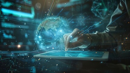 Man uses digital tablet and laptop connected to global network with Internet network technology, future tech background, Internet of Things concept.