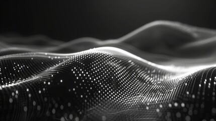 Wall Mural - In 3D, a wave of particles is rendered on top of a white abstract futuristic background. The wave is made up of connecting dots and lines on a dark background.