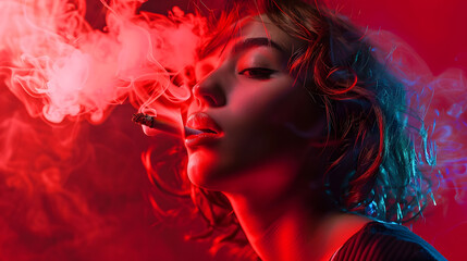 Wall Mural - young person smoking tabacco isolated on red color background