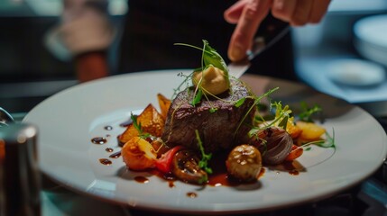 The food set is elegant and expensive with a dark black gourmet dinner plate