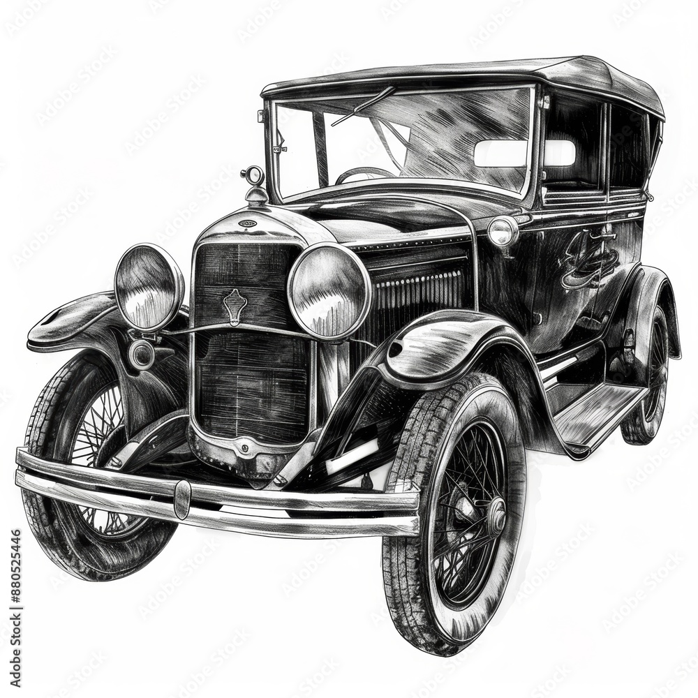 pencil-drawing-icon-realistic-white-background-of-old-fashioned-car