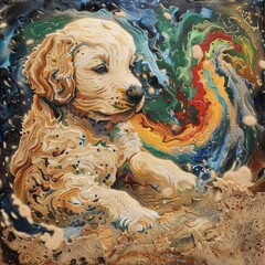 Sticker - Sand painting, puppy and natural elements depicted with colored sand, textured sand grains, essential oil droplets, tactile, ephemeral, spiritual