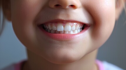 Close-up of a smiling child's mouth showing clean white teeth. Dental care and hygiene photography for design and print. Health and wellness concept.