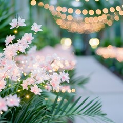 Wall Mural - A closeup of the trunk of palm trees decorated with white lights, sea beach on blur background with bokeh light effect