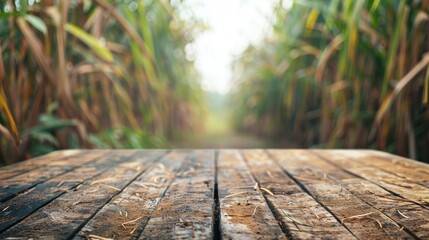 Poster - An empty wooden brown tabletop with a blurry sugarcane plantation background. Ideal for product montage or display.