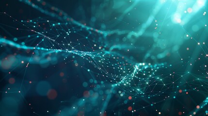 Floating particles and glowing lines represent digital technology in a cybernetic space. A futuristic approach to data visualization for tech presentations.