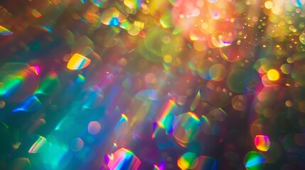 Sticker - Colorful rainbow crystal light leaks on black background defocused abstract multicolored retro film lens flare bokeh analog overlay or screen filter effect glow vintage prism colors