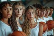 © DachAI - A group of confident girls from a basketball team pose together in their uniforms, holding basketballs, portraying determination and team spirit in a competitive indoor environment.