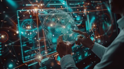 Technology background including Internet of Things, digital software development, future tech and a man using a digital tablet computer connected to a global network