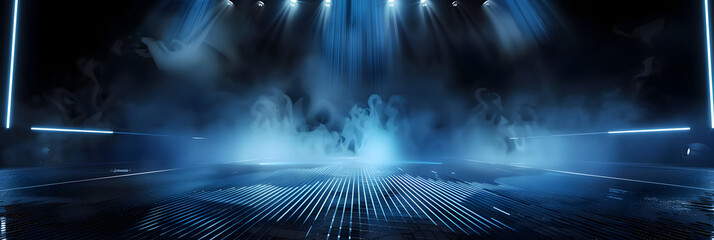 Wall Mural - dark abstract background with blue neon lines and spotlights