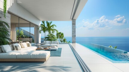 Wall Mural - Empty living room of luxury summer beach house with swimming pool near terrace in vacation home or holiday villa with white wall background.