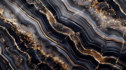 Poster - Black agate marble texture with golden veins, polished marble quartz stone background, with a unique pattern, can be used as interior-exterior home décor tile.