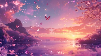 Sticker - An image of a dreamscape with thousands of pink and purple butterflies