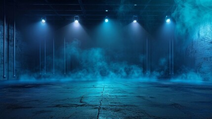 Sticker - Empty streets in the dark, dark blue backgrounds, neon lights, spotlights, an asphalt floor and studio room with smoke floating in the air as night falls.