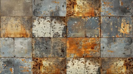 Canvas Print - Brown gray rusty vintage worn shabby patchwork motif tiles stone concrete cement wall texture background banner.