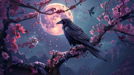 Wall Mural - A block print style dark fantasy illustration of a bird in nature