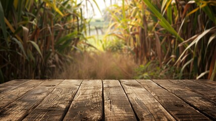 Poster - A wooden brown table top with a blurred background of sugarcane plantation. Excellent for product montage or display.