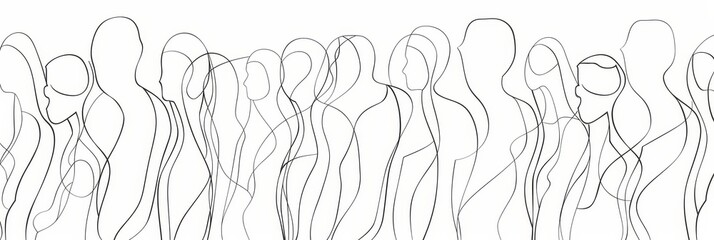 Line Art Silhouette of People in a Row - A line art drawing of multiple people silhouettes in a row. The minimal black lines create an abstract and elegant representation of humanity. - A line art dra