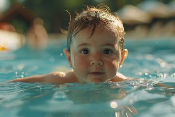 Poster - A young boy is seen swimming in a pool with his head above the water, capturing a moment of joy and activity