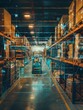 © Nima - Automated Warehouse With Forklift and Futuristic Technology - A forklift drives through a modern warehouse with advanced technology and data visualizations, highlighting the concept of automated logis
