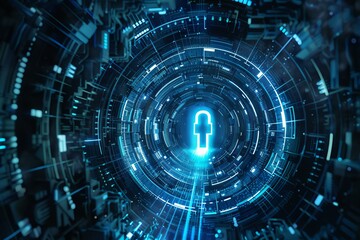 Wall Mural - glowing digital padlock is floating at the end of a futuristic tunnel made of digital technology