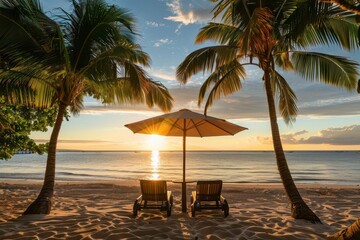 idyllic tropical beach at sunset silhouetted palm trees framing two empty sunbeds and a beach umbrella golden light reflecting off tranquil waters