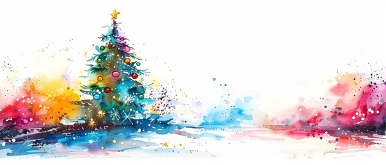 Christmas tree with lights in watercolor