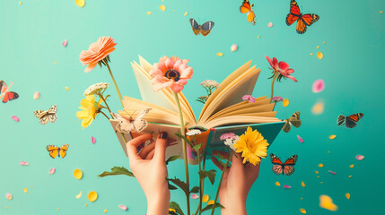 Two hands holding a book with flowers and butterflies flying out, open  book, A fairy-tale-like photograph, reading a book