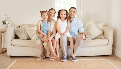 Poster - Children, parents and smile with portrait on couch, support and embrace for bonding family. Love, siblings or happiness for people in home, living room or mother for together and house lounge