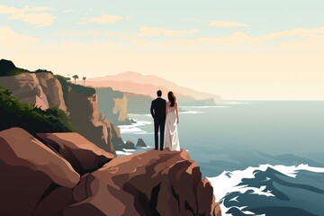 Sticker - wedding couple stands on cliff by ocean illustration