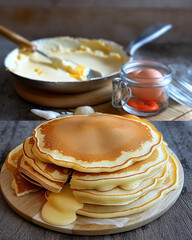 Capture the essence of a Pancakes image for our recipe website. Recipe: Ingredients: 300g of all-purpose flour 3 eggs 60 g sugar 200 ml of milk 2 sachets of vanilla sugar 1 sachet of baking powder 