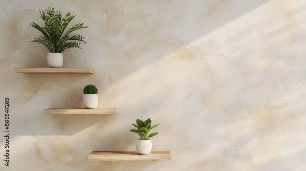 Three potted plants on wooden shelves against a textured wall with ...