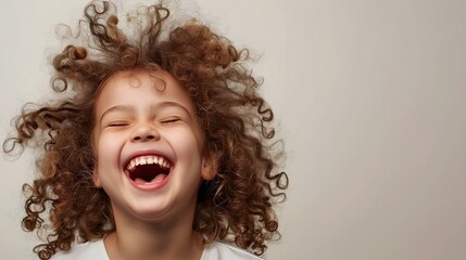 Wall Mural - Young girl with curly hair laughing joyfully