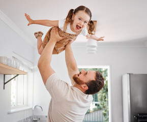 Poster - Girl, father and airplane game in home, fun activity and happy or bonding with parent in apartment. Love, flying and lifting or man for balance support, childhood and family on weekend break together