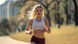 © Prompt World - Blonde woman running in urban park, fitness and health, outdoor exercise, active lifestyle, city background