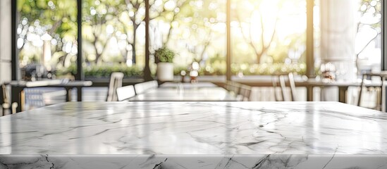 Aufkleber - White marble table with no items and a blurred glass window in a restaurant setting for showcasing products or creating a banner with a copy space image