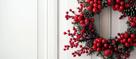 Aufkleber - Close up of a stunning Christmas wreath adorned with red berries and decorations hanging on a white door with room for copy space image