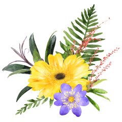 Wall Mural - PNG watercolor spring flower arrangement, yellow gerbera and hepatica, transparent background