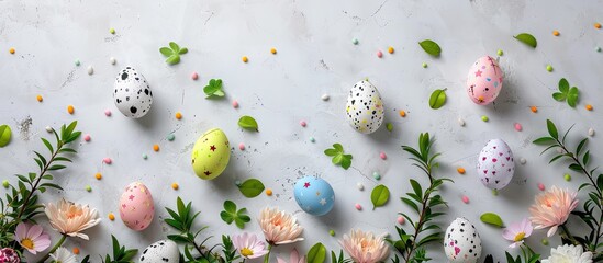 Poster - An Easter themed flat lay frame background featuring colorful eggs and spring flowers ideal for a spring holiday greeting card with a copy space image