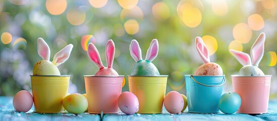 Aufkleber - Happy Easter card surrounded by Easter eggs with cute rabbit ears in various colored buckets with selective focus in the image. copy space available