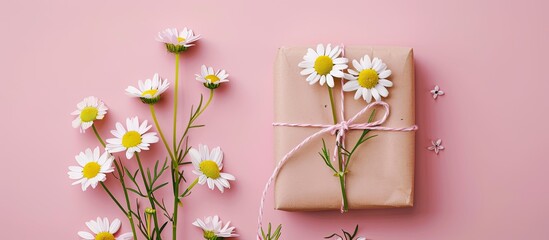 Poster - Chamomile flowers with a present on pink backdrop offering copy space image Top down view